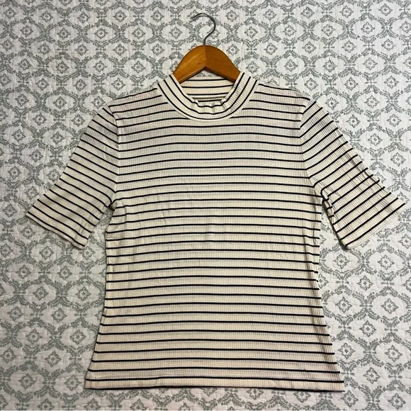 Madewell Striped Mockneck Ribbed Short Sleeve Top, Size Medium - Picture 7 of 8